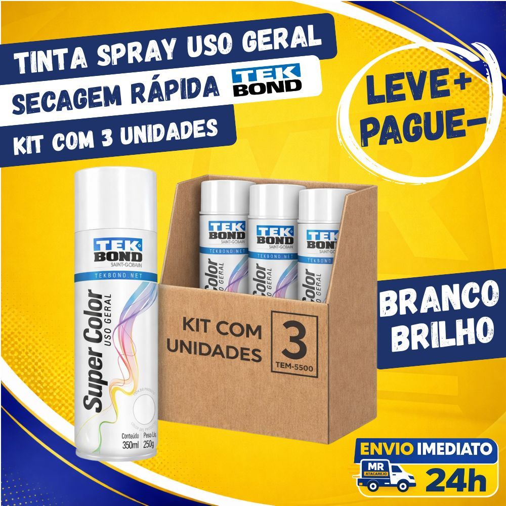 Kit 3 Tinta Spray Uso Geral Tekbond Branco Brilhante Brilho 350ml Secagem Rápida
