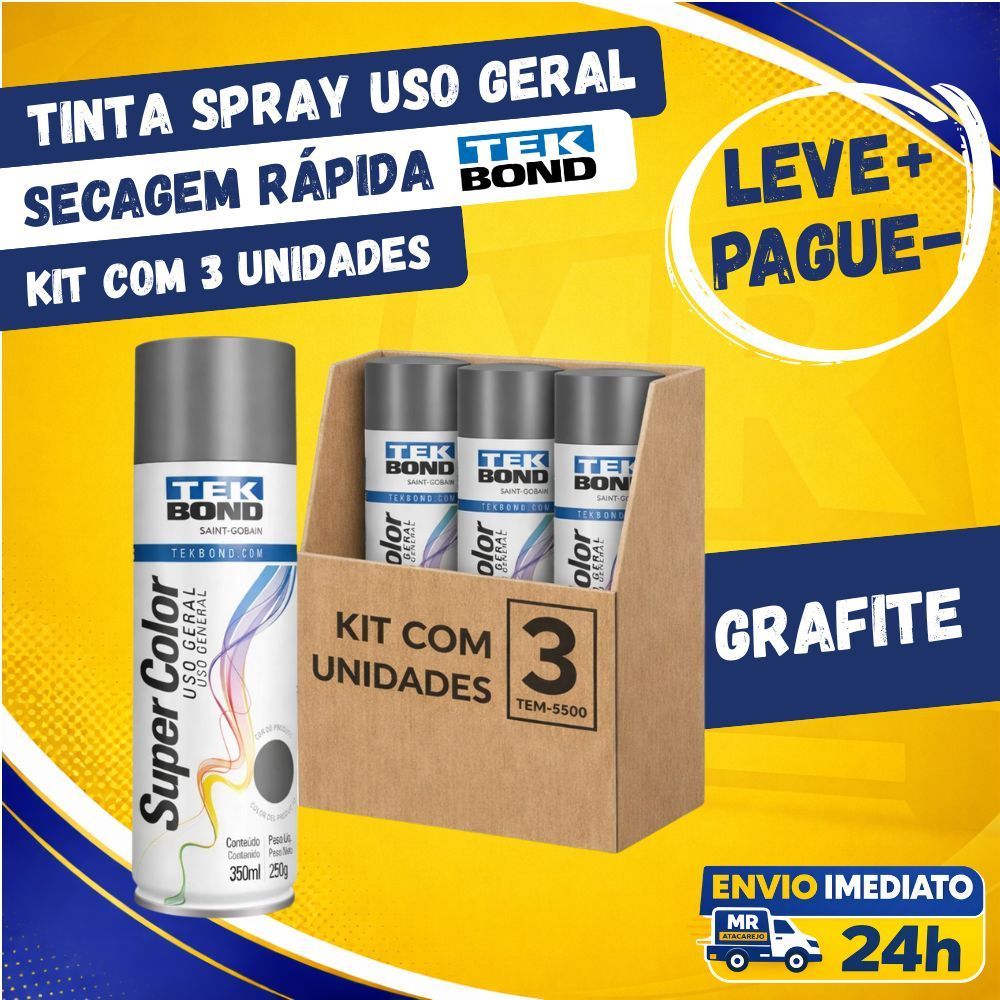 Kit 3 Tinta Spray Uso Geral Tekbond Grafite 350ml Secagem Rápida