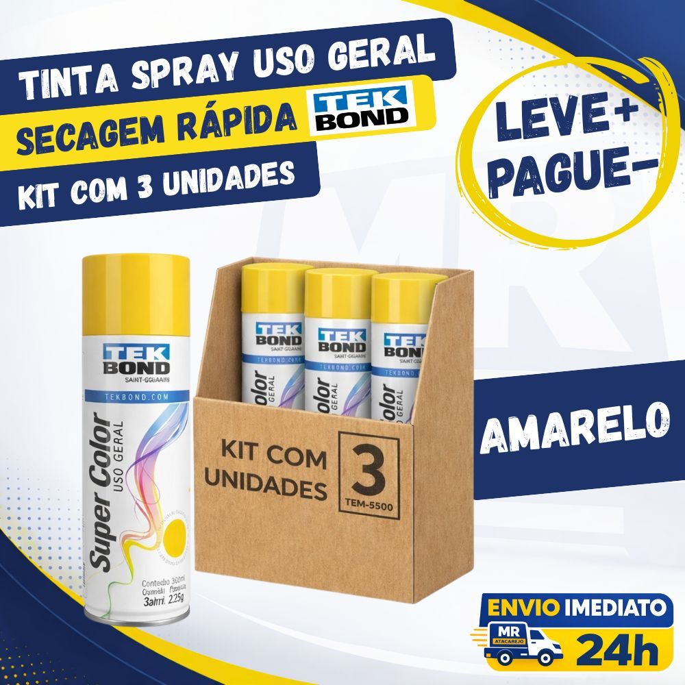 Kit 3 Tinta Spray Uso Geral Tekbond Amarelo 350ml Secagem Rápida