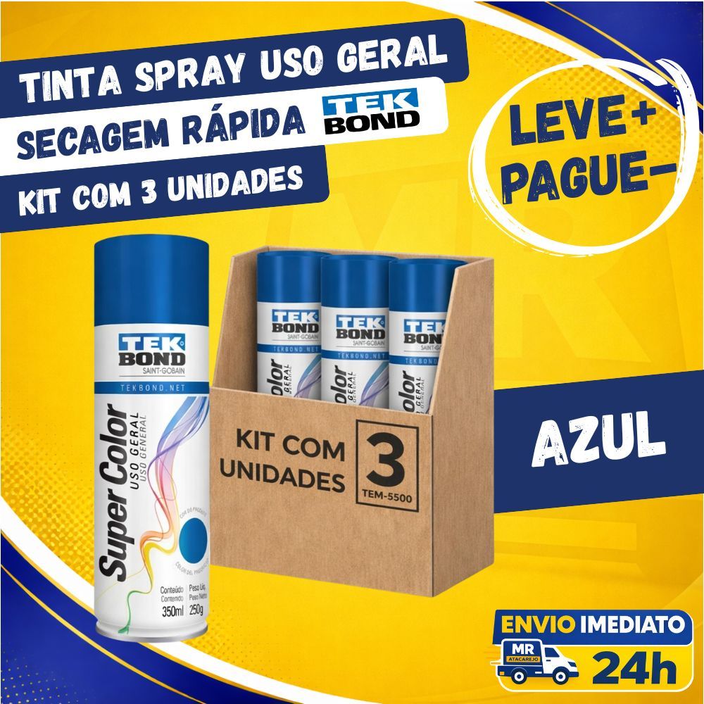 Kit 3 Tinta Spray Uso Geral Tekbond Azul 350ml Secagem Rápida