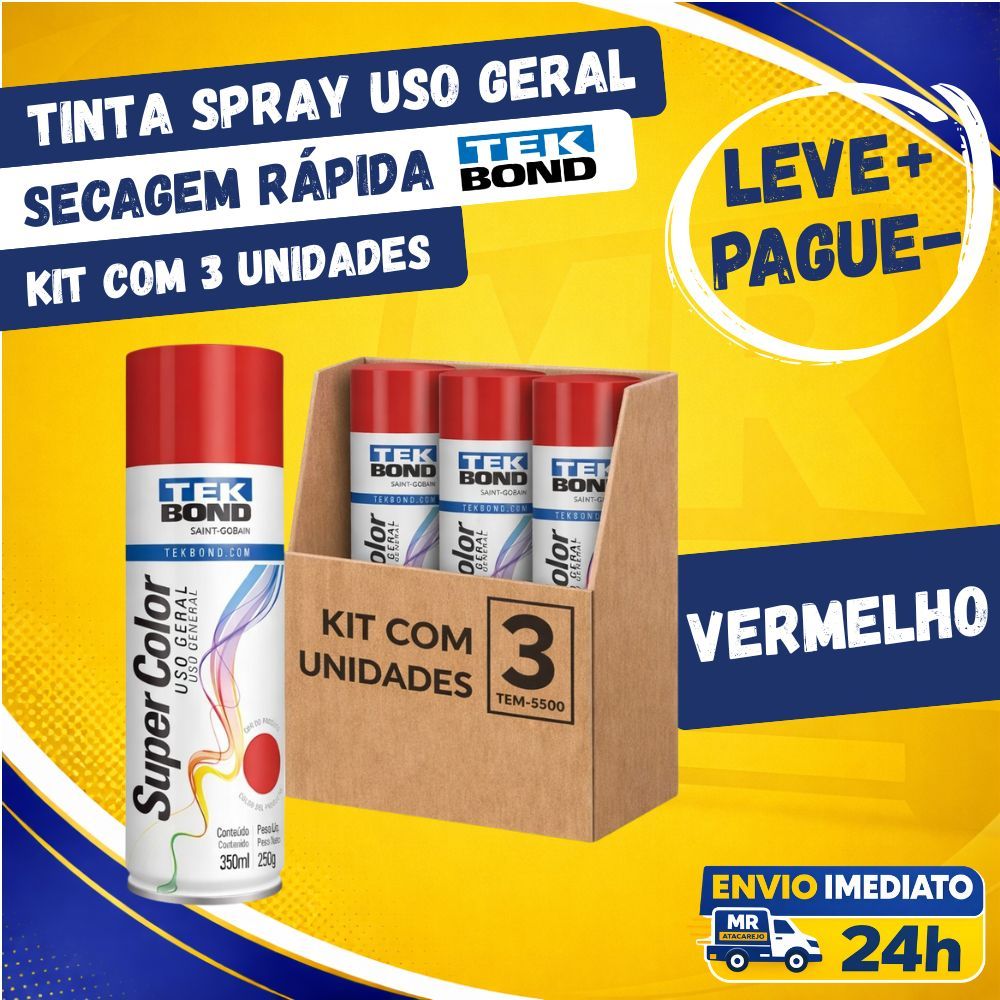 Kit 3 Tinta Spray Uso Geral Tekbond Vermelho 350ml Secagem Rápida