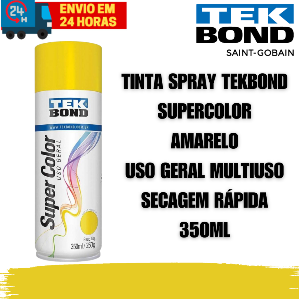Tinta Spray Amarelo Tekbond Supercolor Uso Geral Multiuso Secagem Rápida 350ml