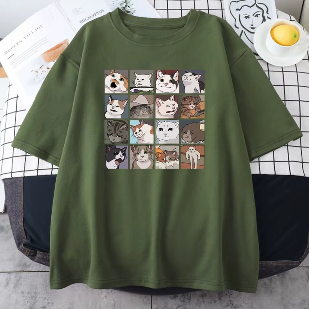 Blusa Meme Gatos Criatividade Camiseta Unissex Verão Engraçadas Casual Algodão Passeio Conforto