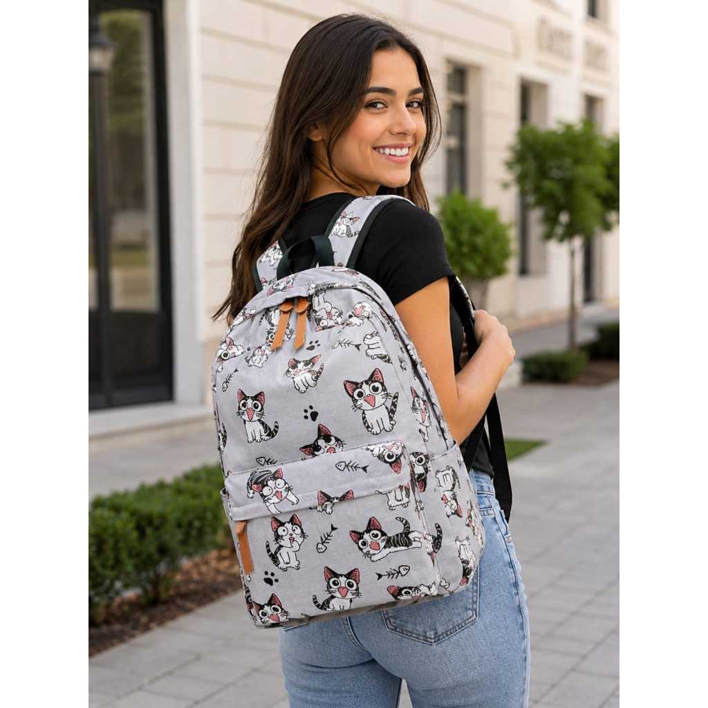 Mochila Feminina Gato Fofo Cinza Grande Escolar Faculdade Passeio