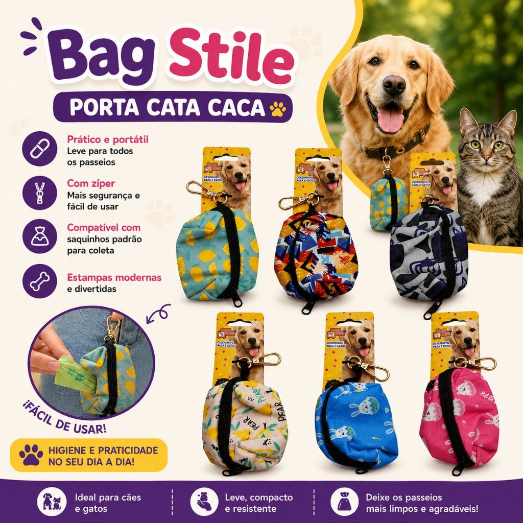 Bolsa Cata Caca Cocô - Cachorro Gato - com Saquinho Higiênico - Saco Lixo Passeio Pet- Premium