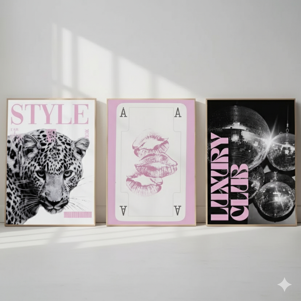 Quadro decorativo Leopardo rosa com carta Ás e disco ball (3 peças)