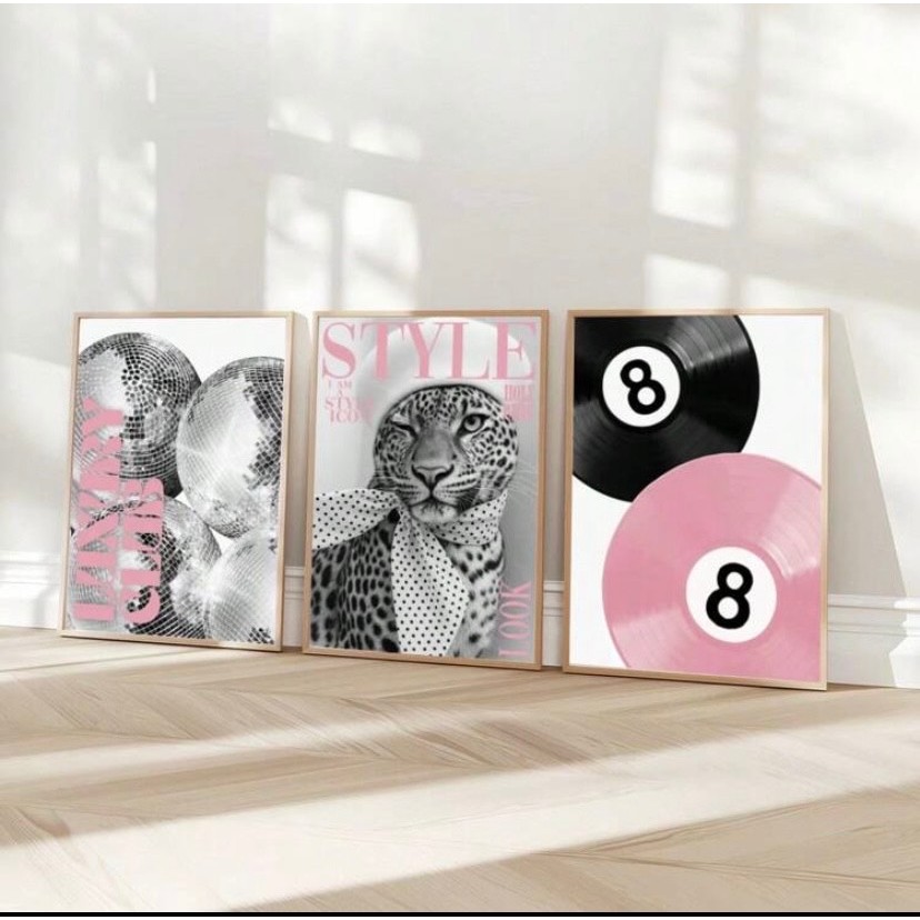 Quadros decorativos Disco Bola Leopardo Style Vinil Rosa (3 peças)