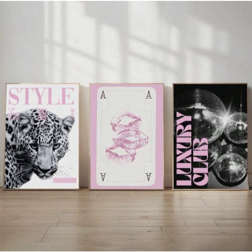 Quadro decorativo Arte rosa e preta moderna com leopardo (3 peças)