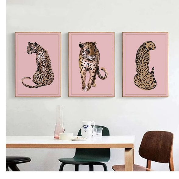 Quadros decorativos Leopardo nórdico, arte da parede, pintura rosa (3 peças)