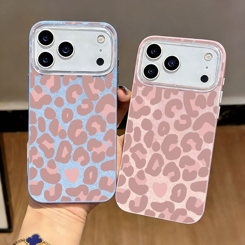 Rosa Coração Leopardo Capinha Capa Para iPhone 17 Ar 16 15 14 Plus 13 12 11 Pro Max XR Glitter Anti-Impacto