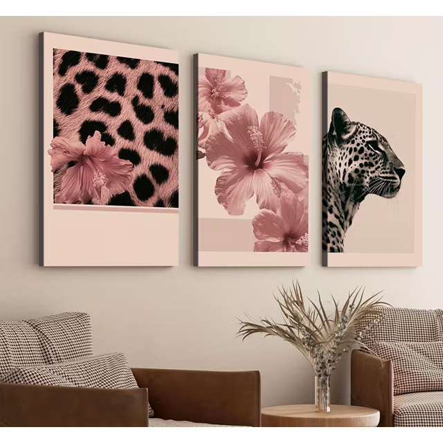 Quadro Decorativo Leopardo E Flores De Hibisco Rosa Sala Quarto