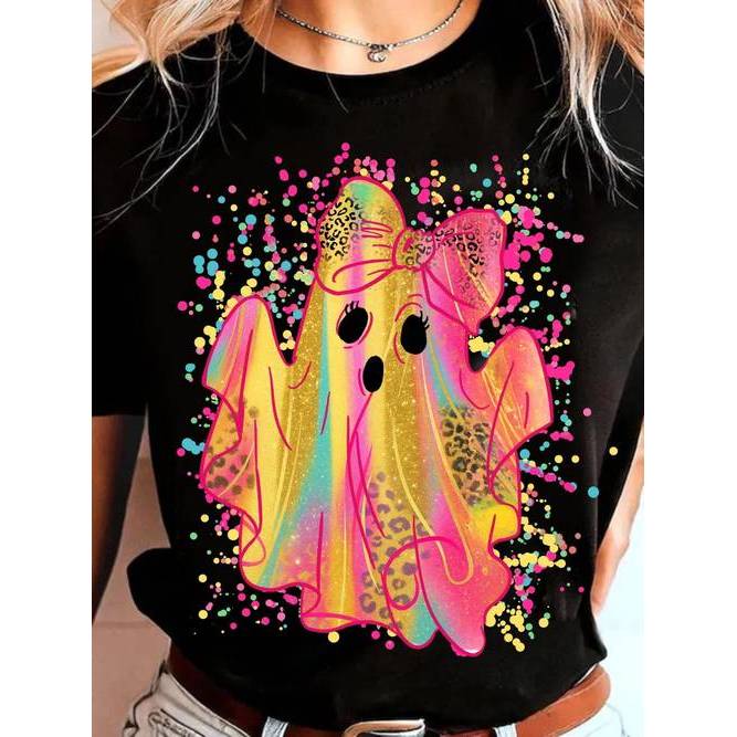 Camiseta Feminina Padrão Halloween Estampa Leopardo Retrô Letras Boo Flash Rosa e Preto Confortável Suave Respirável ...