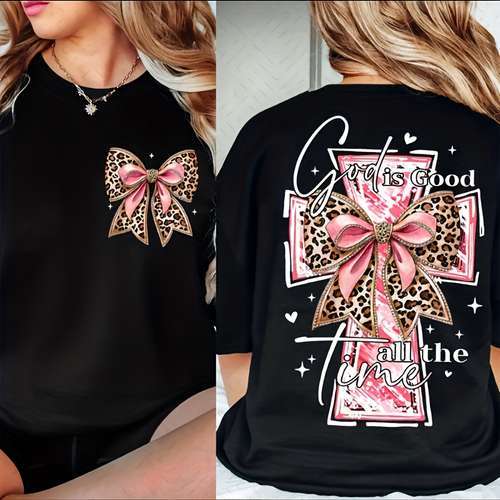 Camiseta God Is Good Cruz Rosa Bico Leopardo Vingateável Durável Fofa Elegante Moda Feminina