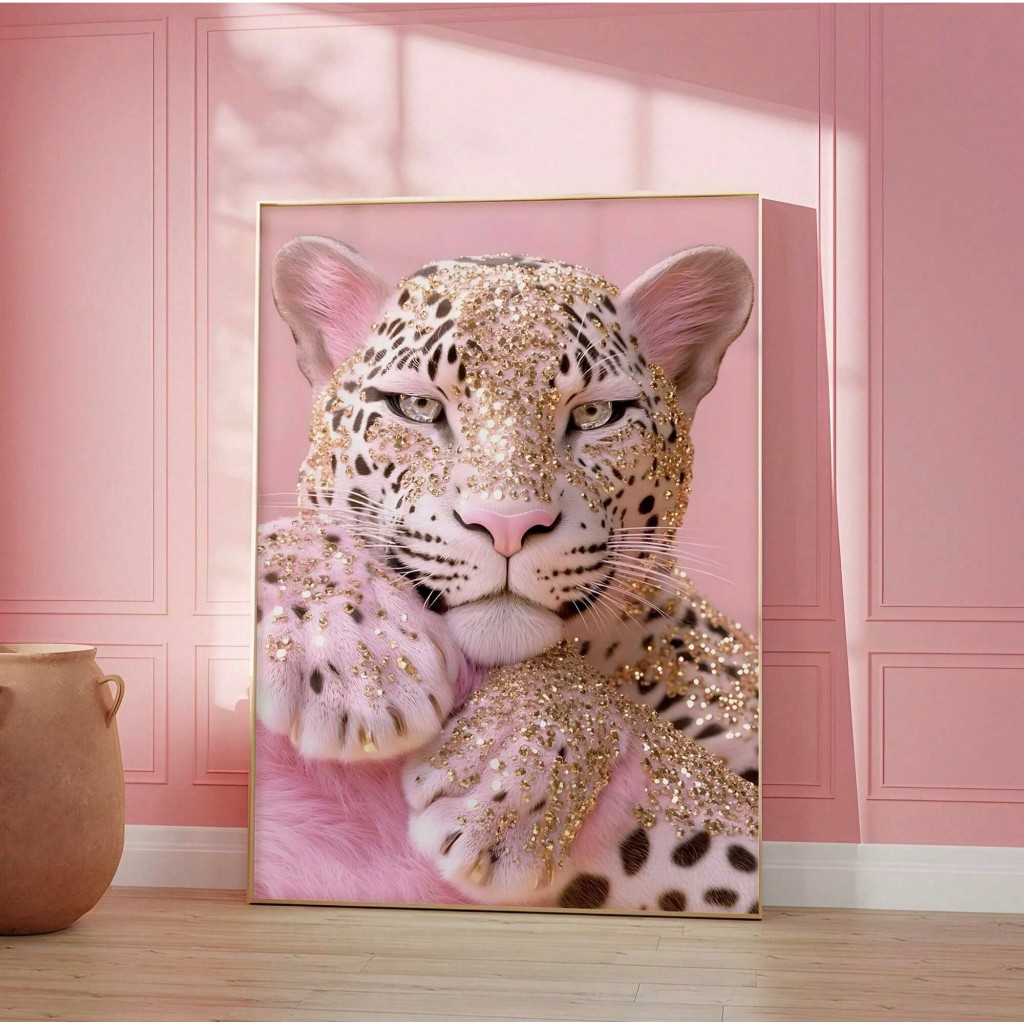 Quadros decorativos Leopardo Rosa Glitter Dourado Olhos Rosas (1 peça)