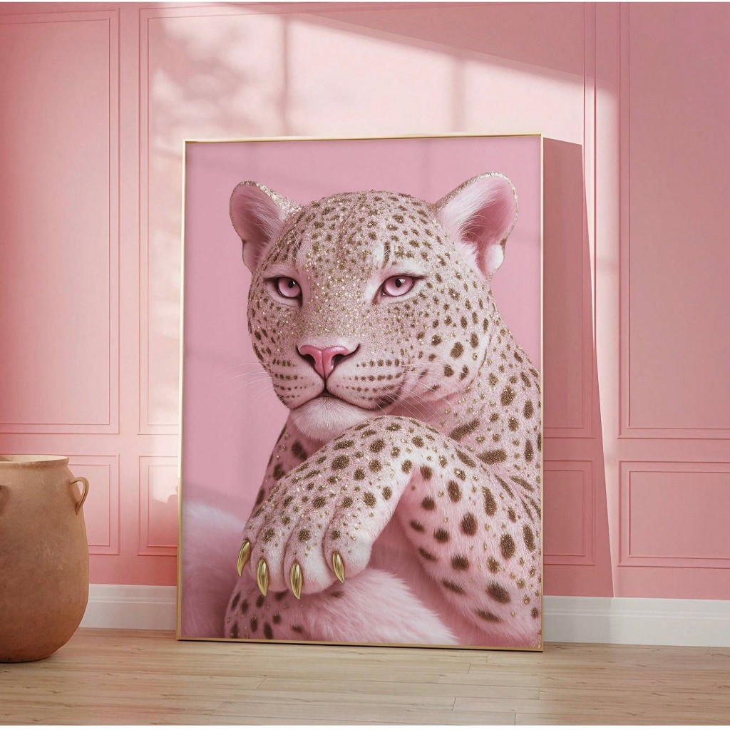Quadros decorativos Leopardo Rosa Glitter Dourado Olhos Rosas (1 peça)