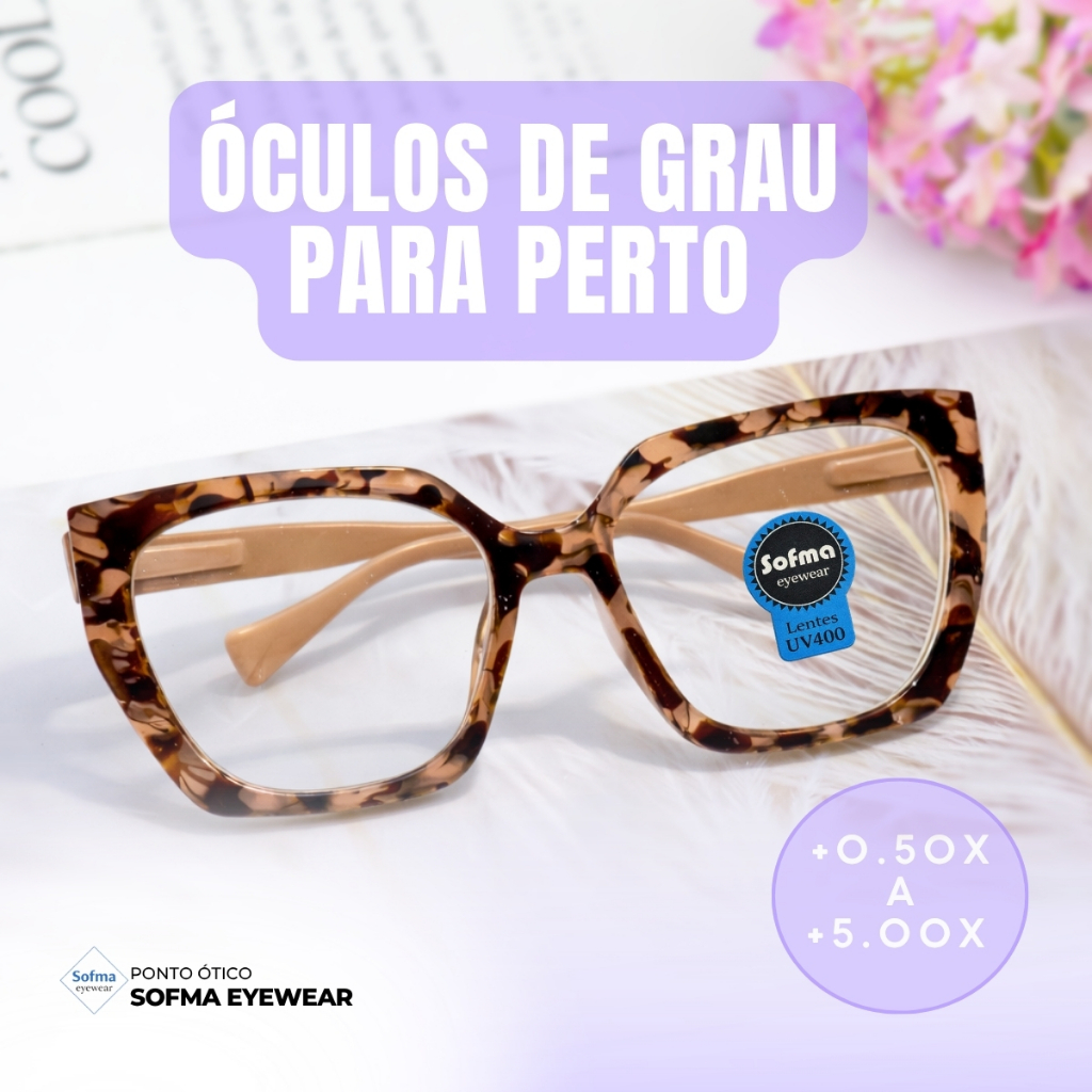 Óculos Hexagonal Marília Grau +0,50 a +5,00 Feminino Leitura Hipermetropia Rosa Leopardo