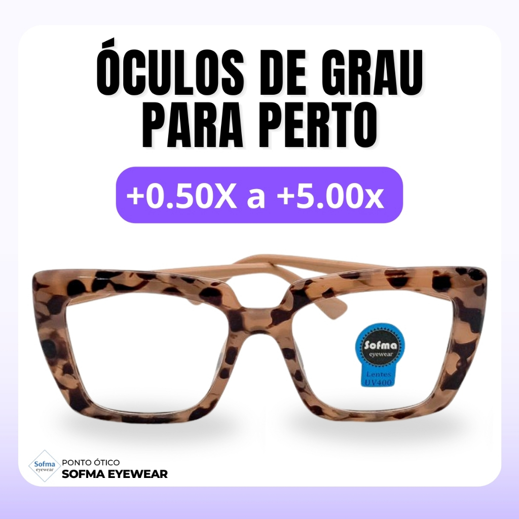 -Óculos Quadrado Marília Grau +0,50 a +5,00 Feminino Leitura Hipermetropia Rosa Leopardo