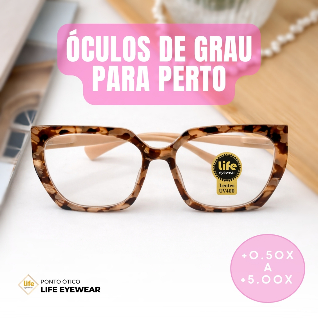 Óculos Hexagonal Marília Grau +0,50 a +5,00 Feminino Leitura Hipermetropia Rosa Leopardo