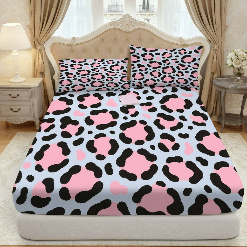 Conjunto De Três Peças De Lençol Leopardo Preto Rosa (1 Justo + 2 Fronhas, Sem Núcleo), Tema Diário