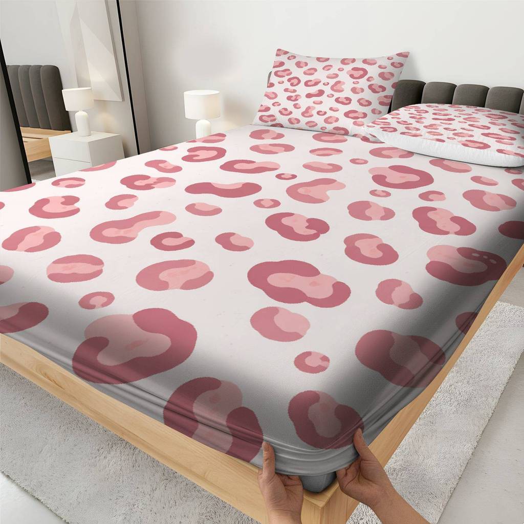 Conjunto De Três Peças De Lençol Com Estampa De Leopardo Rosa (1 Justo + 2 Fronhas, Sem Núcleo)