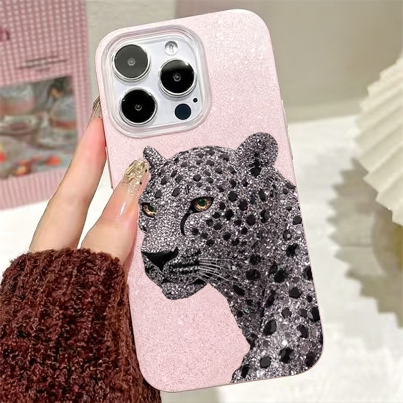 Brilhante e macio Capinha para iPhone 17/16/15/14 Pro Max Capa Leopardo Brilhante Rosa e Preto Textura Anti-Derrapante