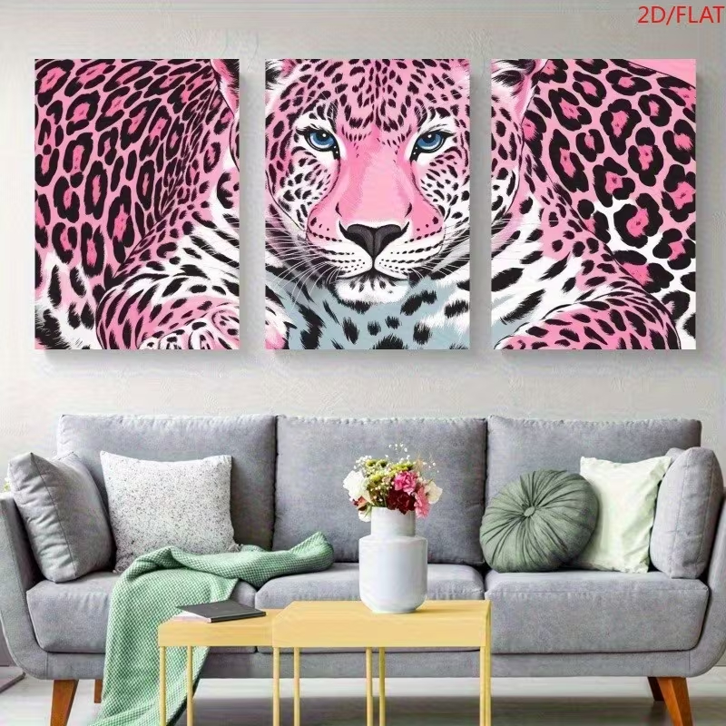 Quadro Decorativo Leopardo Rosa Contemporâneo - Triptico 3 Peças