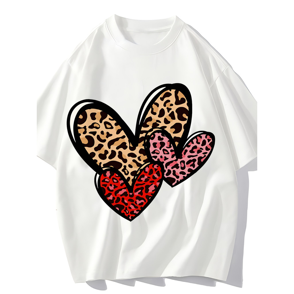 Camiseta Feminina Corações Leopardo e Rosa Blusa Unissex Streetwear 2025 Novo