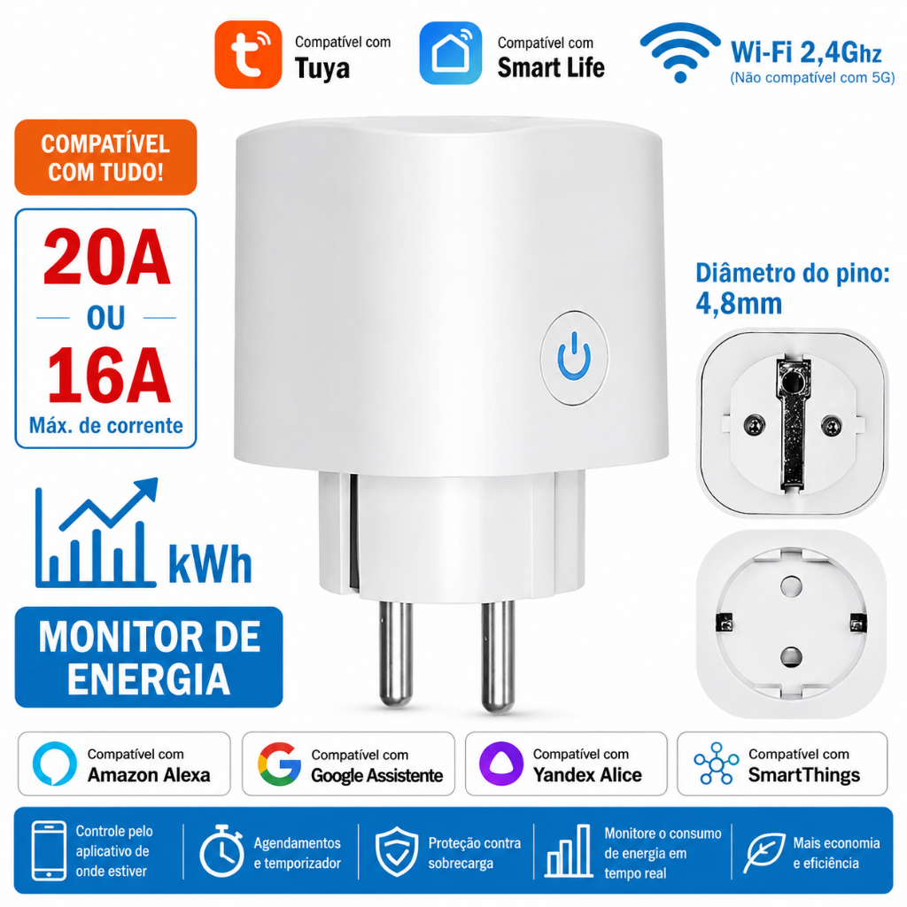 Tomada Inteligente WiFi EU 16A/20A com Monitor de Energia e Função de Temporização, Compatível com o aplicativo Tuya e S