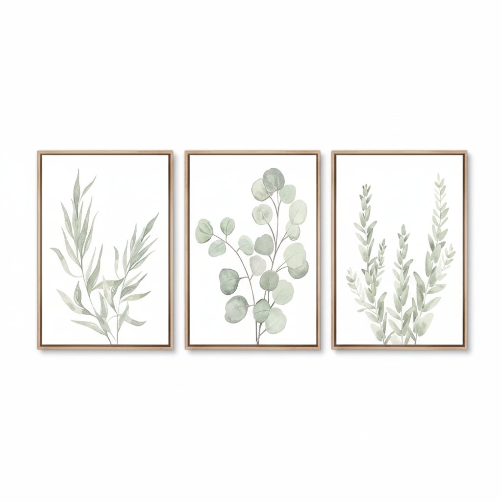 Quadros decorativos Nordic sálvia verde planta arte minimalista eucalipto folhas aquarela (3 peças)