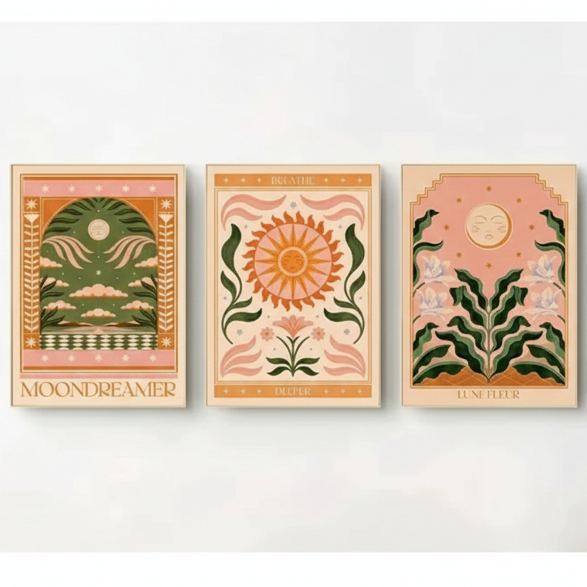 Quadros decorativos Boho Floral Sun Art Planta Pintura Nórdica (3 peças)