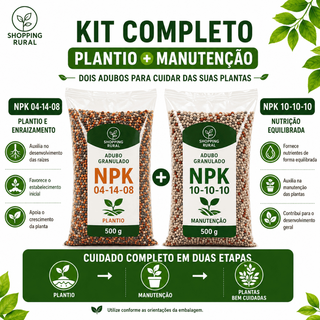 Kit Adubo NPK 10-10-10 + NPK 04-14-08 Crescimento e Floração para Plantas, Flores, Horta e Frutíferas
