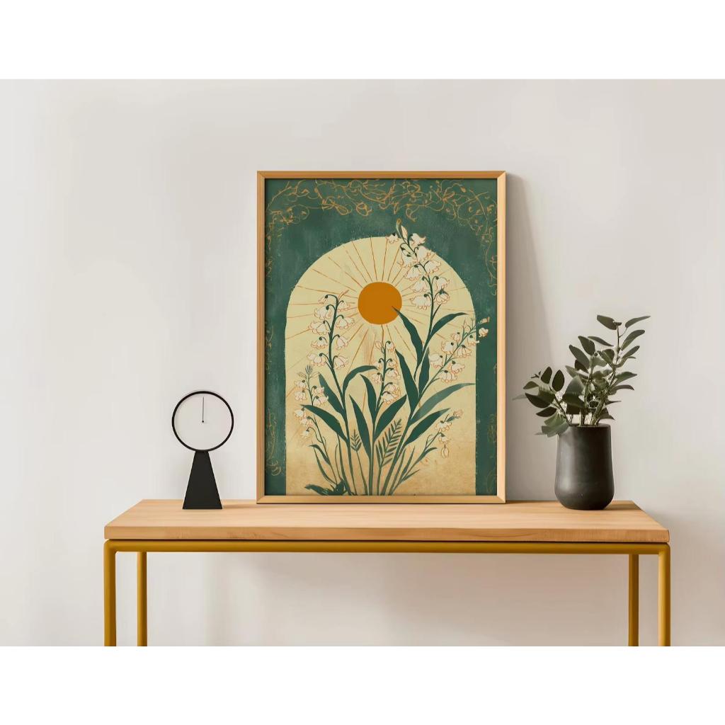 Quadro decorativo Plantas minimalistas sol dourado retrô (1 peça)