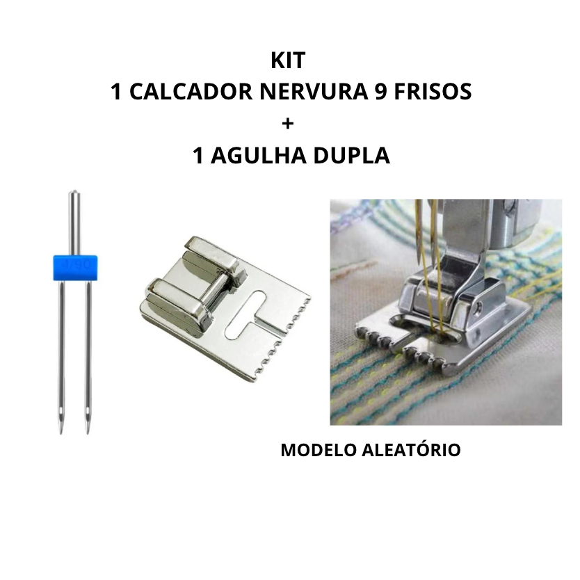 kit 1 agulha dupla +1 calcador nervuras 9 frisos maquina domestica