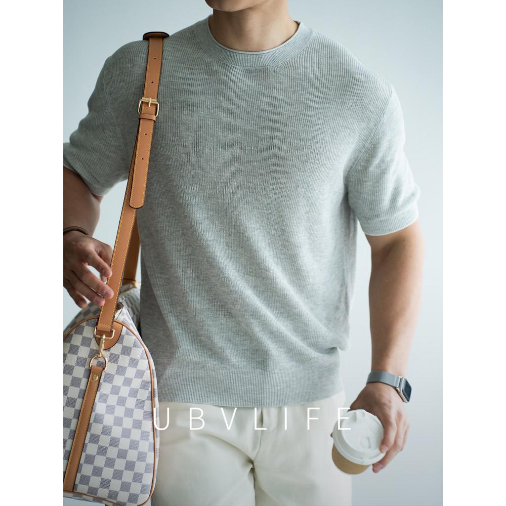UBV14 Agulha Textura Vertical Linho Lyocell Malha Camiseta Masculina 2026 Verão Estilo Dinheiro Antigo Top Com Nervuras