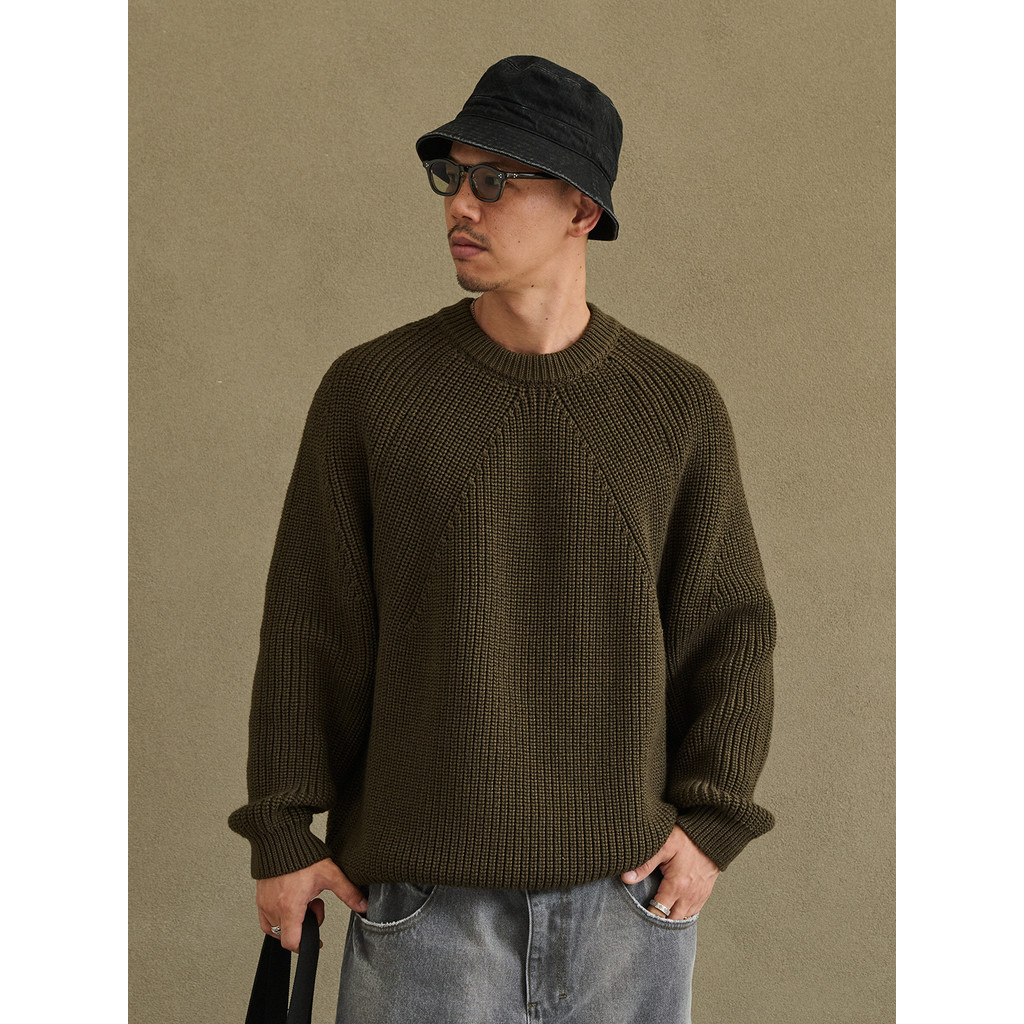 Broshood 25AW Japonês Retro Preguiçoso Básico Agulha Grossa Gola Redonda Manga Raglan Com Nervuras Suéter De Malha Mascu