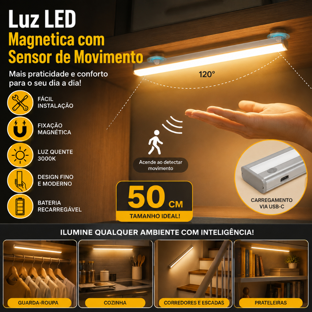 50CM Wireless LED Light sensor Smart Wardrobe Bedroom Convenience USB Charging