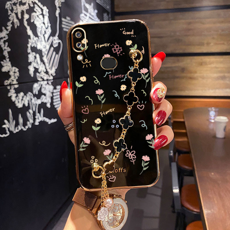 Caixa Samsung Galaxy A10 M10 A10S A01 M01 Padrão De Flor Pequena Com Pulseira De Quatro Folhas De Trevo À Prova De Choque Capa Protetora De Silicone Para Telefone