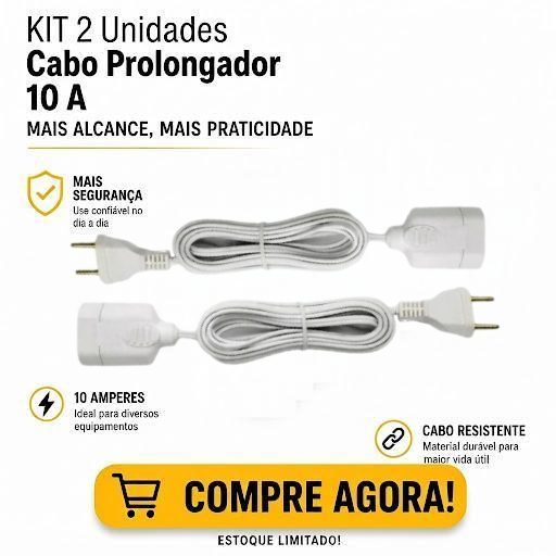Prolongador Extensão Elétrica KIT 2 Unidades Cabo Paralelo 1/1,5/2/3/5/10 Metros