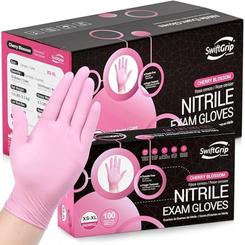 Pink Nitrile Gloves, 3-mil, Industrial Gloves Disposable Latex Free, for Cleaning &amp; Esthetician, Rubber Powder-Free,