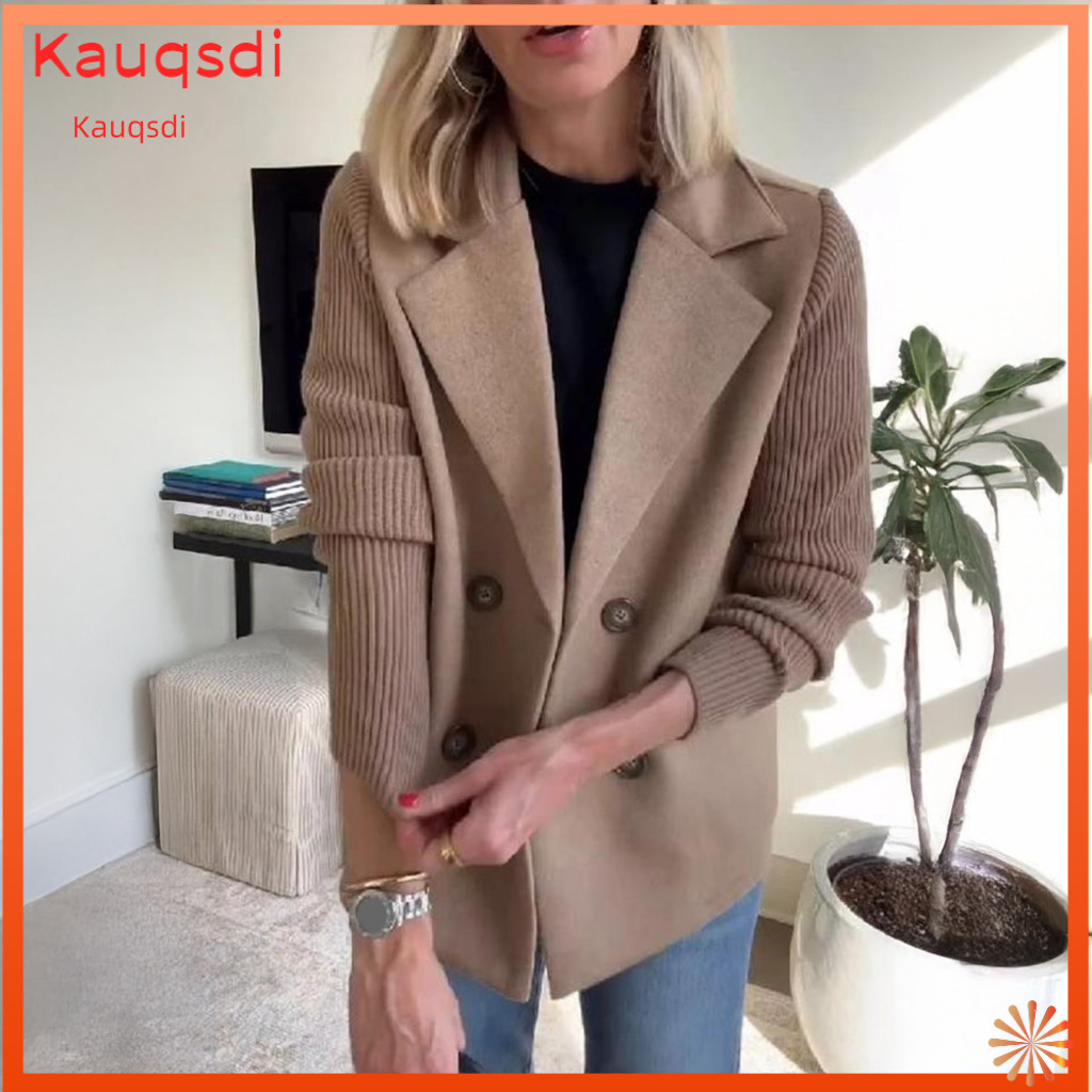 Women Polyester Coat Material Splicing Women’s Double Breasted Wool Pea Notched Lapel Short Blazer Jacket with Ribbed