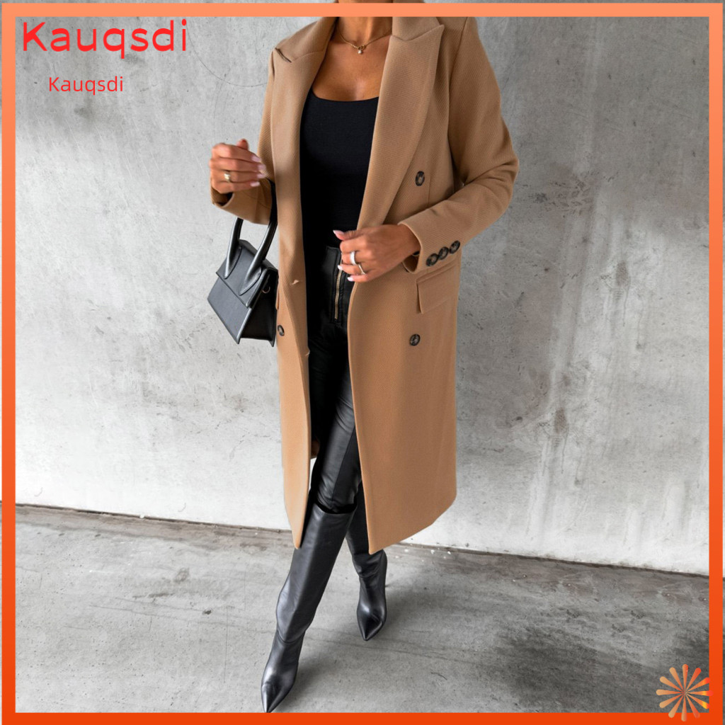 Women Wool Coat Winter Women’s Midi Double Breasted Trench Classic Notch Lapel Peacoat Warm Fall Overcoat Stylish Oute