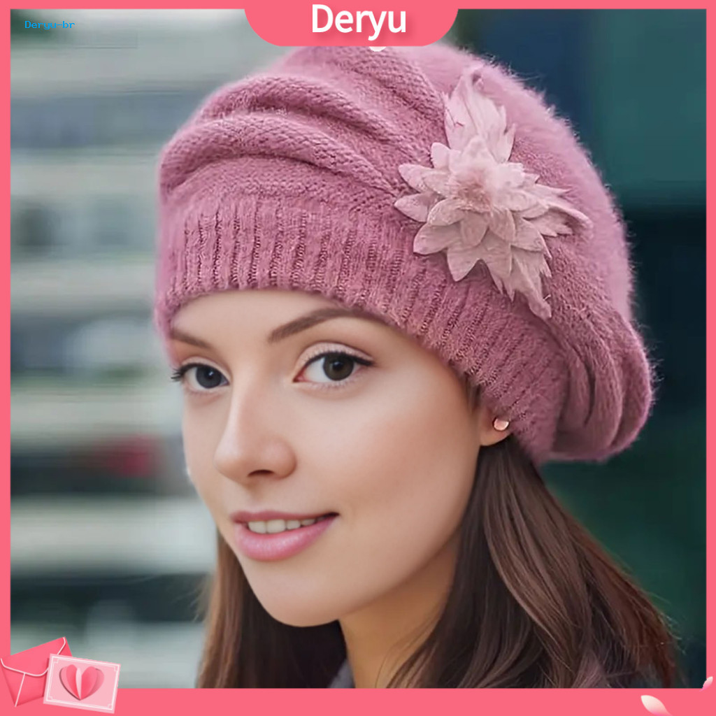 Fleece-lined Beret Vintage French Style Wool Hat for Women – Double Layer Thickened Winter Knitted Lady Flower Warm an