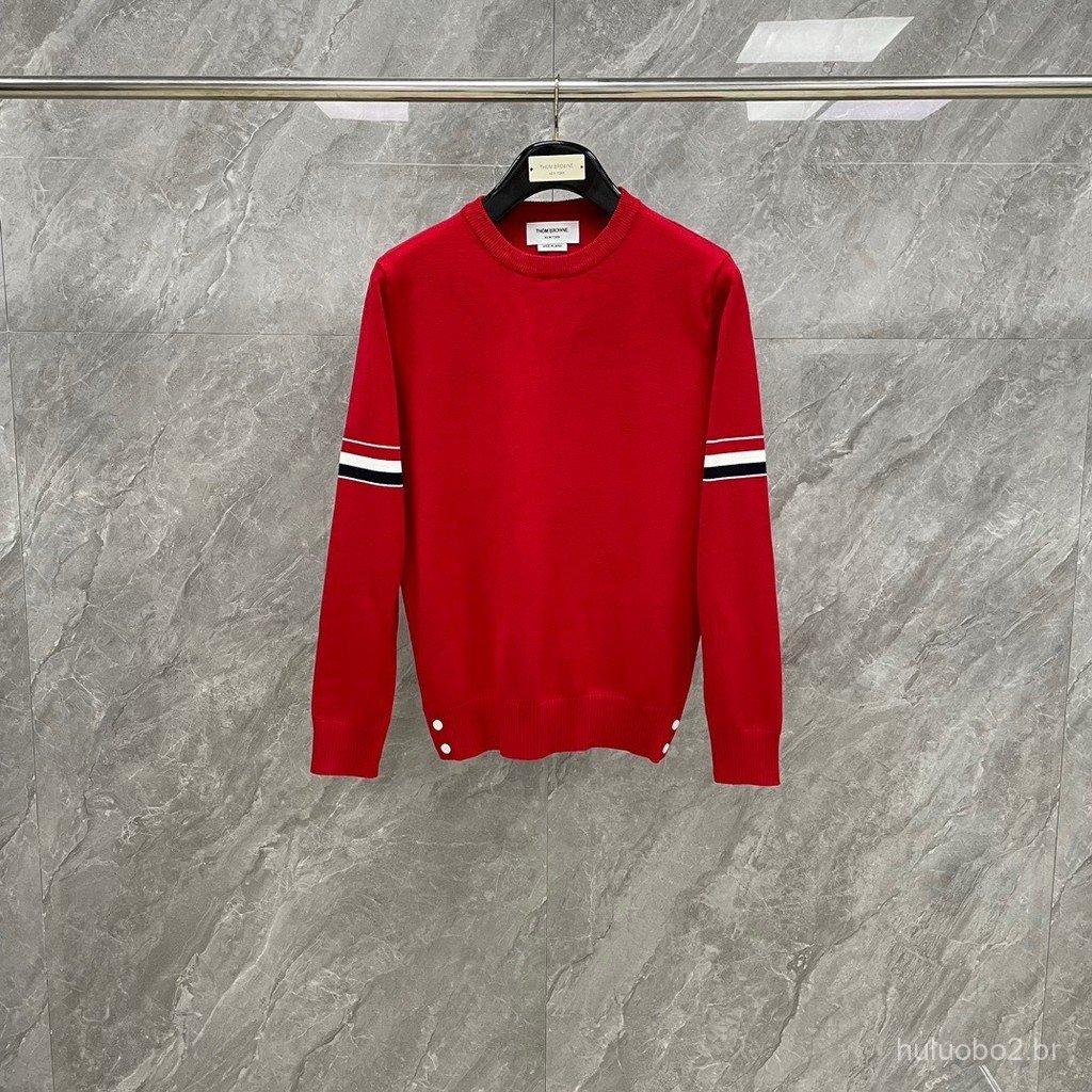 EZST New autumn and winter double-sleeve striped red knitted wool pullover with round neck for men and women, suitable f