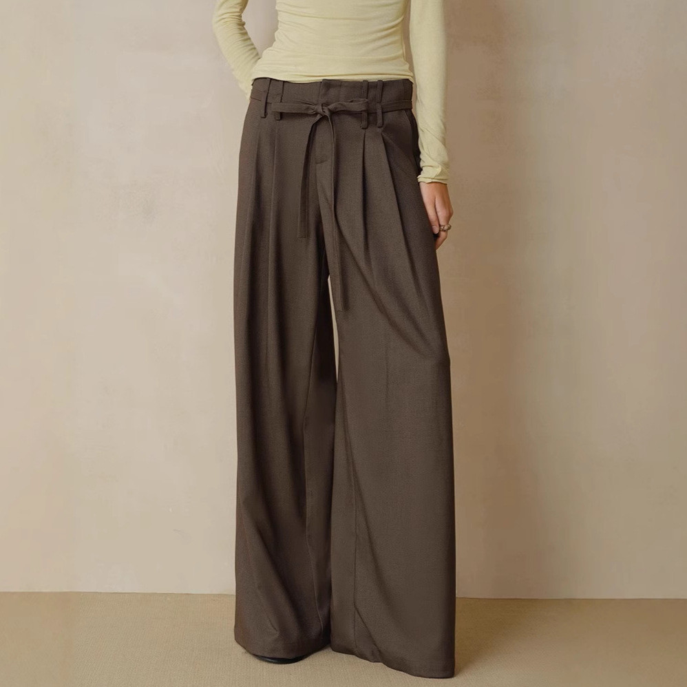 Tencel wool double-pleated wide-leg twill trousers without waistband