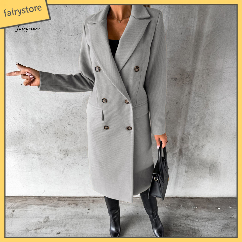Women Wool Coat Warm Women’s Midi Double Breasted Trench Classic Notch Lapel Peacoat Fall Winter Overcoat Stylish Oute