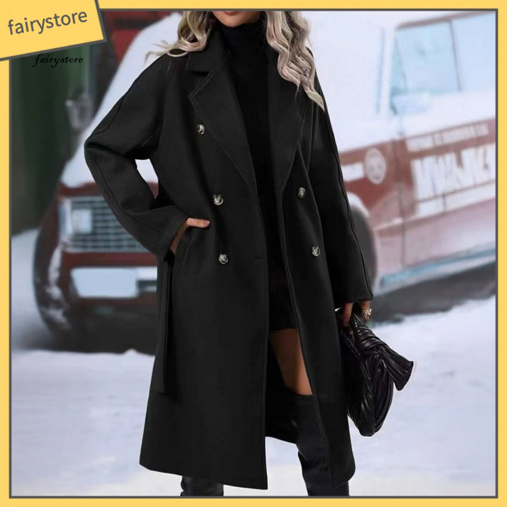 Women Windbreaker Coat Comfortable Outerwear Women’s Mid-length Wool Blend Double-breasted Trench with Belt Notched La