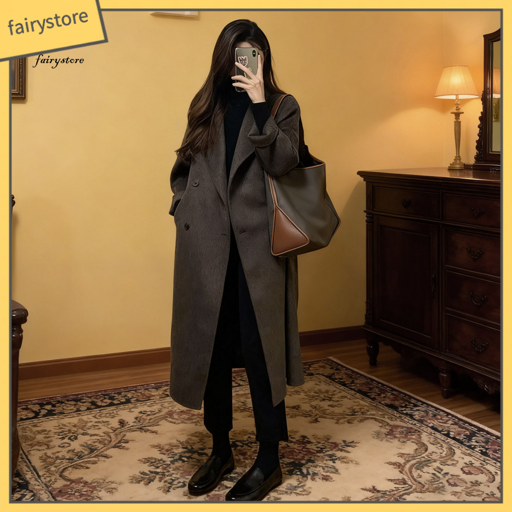 Women Wool Coat Double Row Buttons Warm for Autumn and Winter Women’s Long Double-breasted Pea Notch Lapel Trench Over
