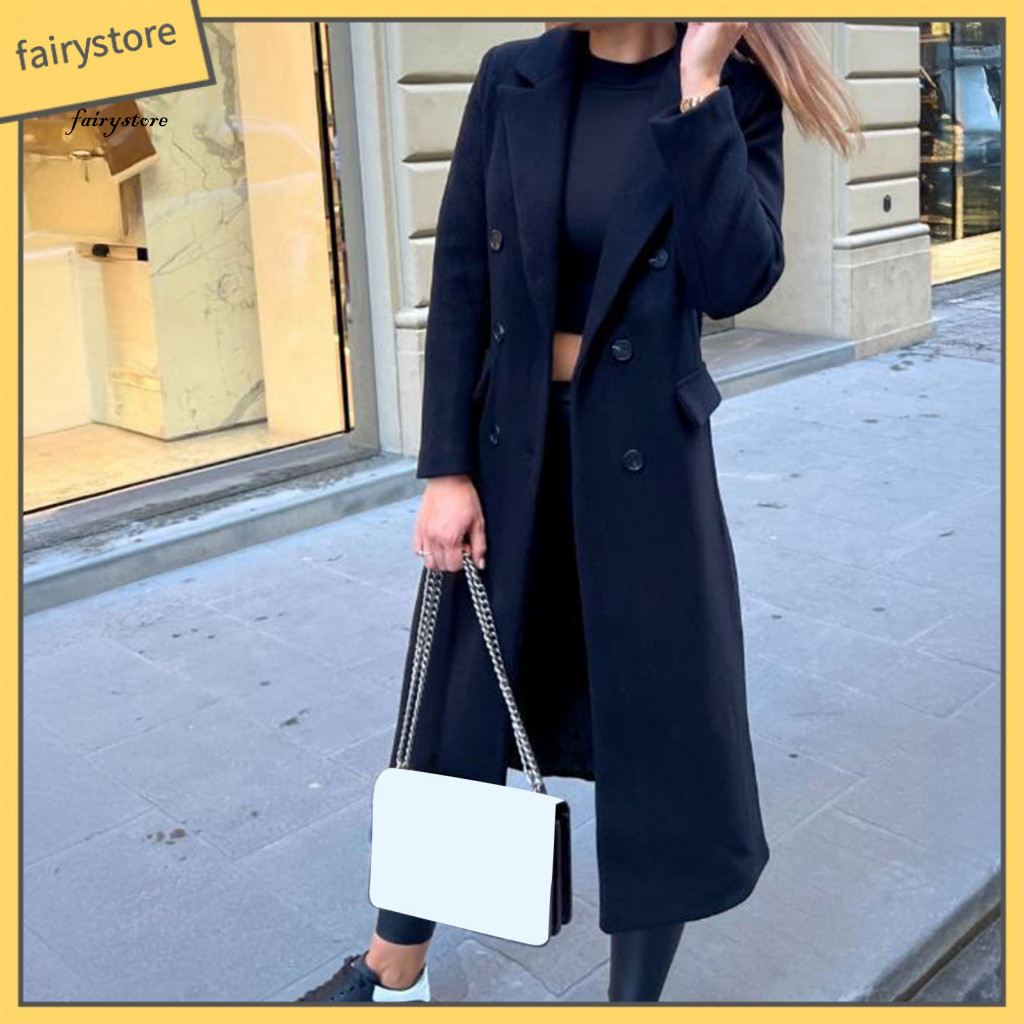 Soft Polyester Coat for Women Women’s Long Wool Blend Double-breasted Trench Notch Lapel Peacoat Warm Fall Winter Over
