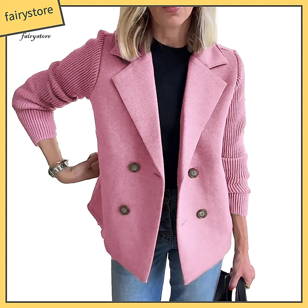 Women Polyester Coat Autumn Winter Jacket for Women’s Double Breasted Wool Pea Notched Lapel Short Blazer with Ribbed