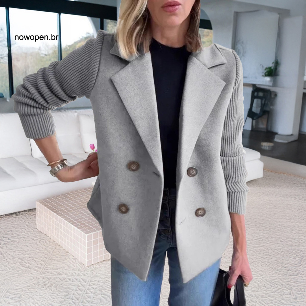 Long Sleeve Jacket Women Polyester Coat Women’s Double Breasted Wool Pea Notched Lapel Short Blazer with Ribbed Knit S